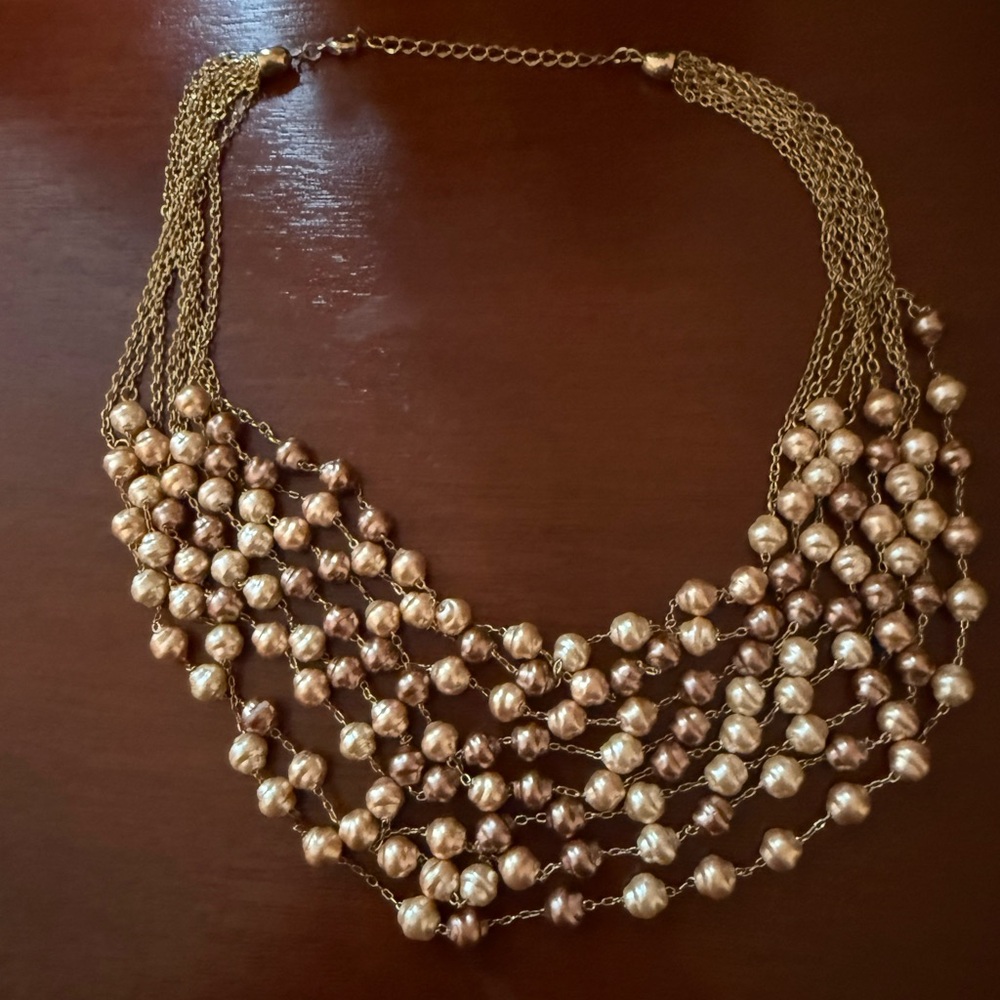 Luxurious Gold Tone with Strands of Cream and Rose Faux Pearls Necklace 16"